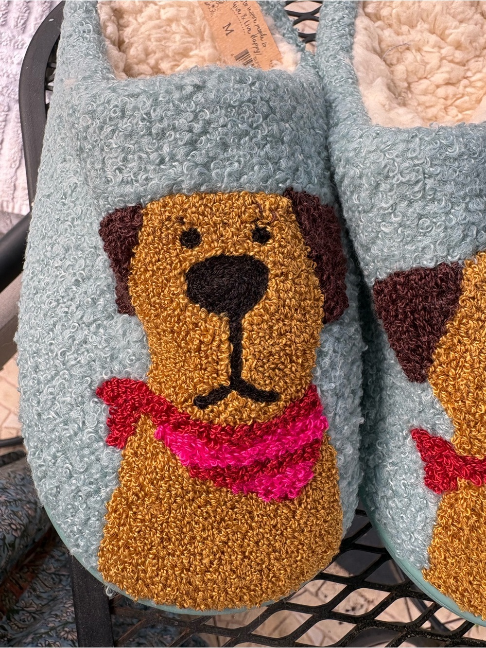 NATURAL LIFE Light Blue Dog Face Hooked Chenille Slippers - Picture 2 of 3